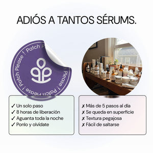 Parche Anti-Aging Please frente a una estantería llena de sérums