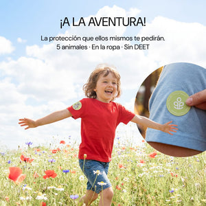 ¡A la aventura! Niño con parche No Bite Please Kids en la camiseta