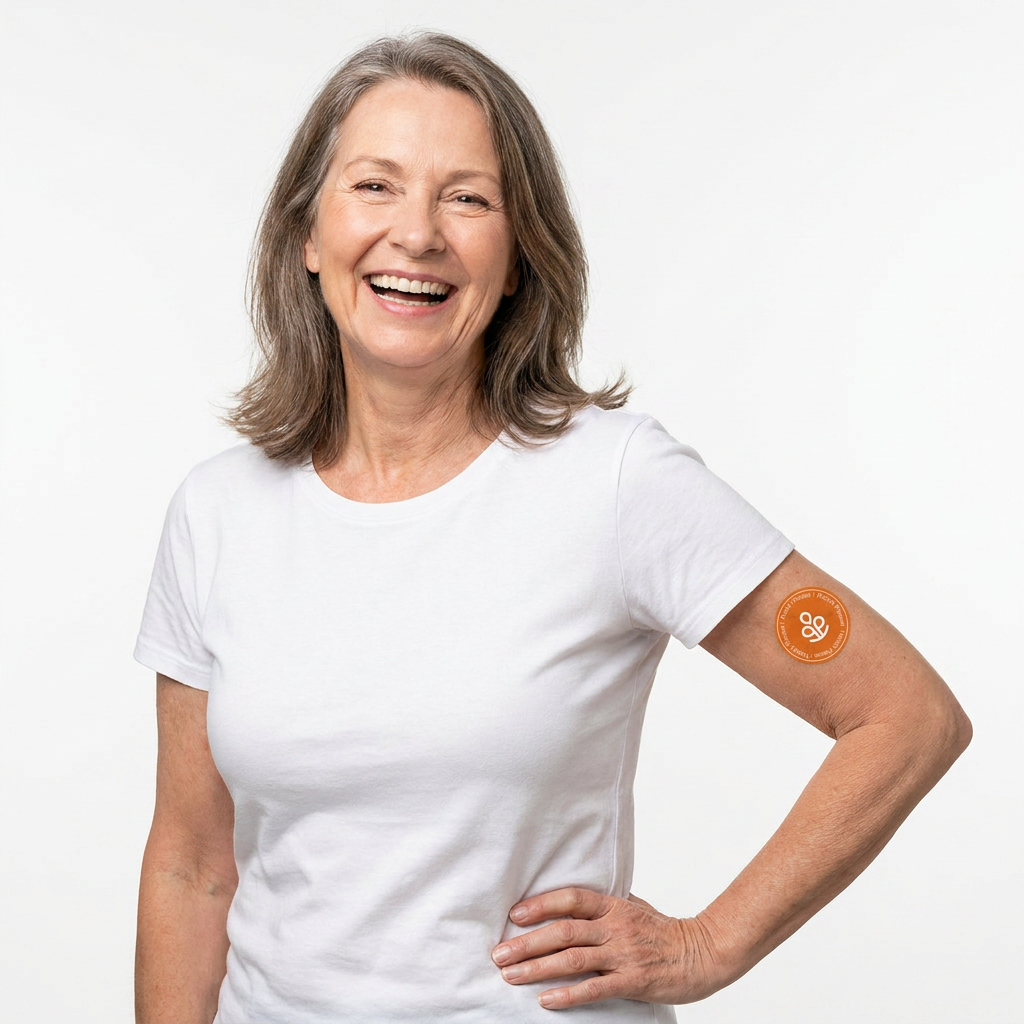 Woman wearing a Relief Please patch